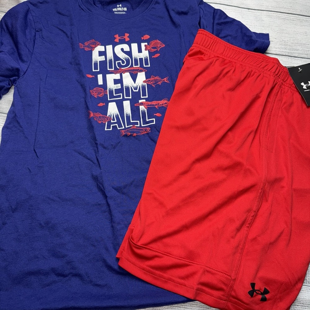 Under Armour Boys Youth XL (18/20) Fish Em All Blue Red Outfit Set NEW